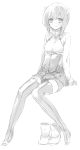  1girl 3: arm_support blush boots boots_removed full_body kantai_collection monochrome short_hair simple_background sino_(sionori) sitting solo taihou_(kantai_collection) thigh-highs toeless_legwear white_background 
