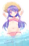  1492egg 1girl akatsuki_(kantai_collection) arms_up bare_shoulders hat highres kantai_collection looking_at_viewer nav navel partially_submerged polka_dot polka_dot_swimsuit purple_hair smile solo sun_hat swimsuit violet_eyes water 