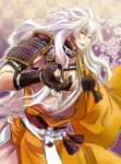  1boy armor black_gloves checkered checkered_background cherry_blossoms fang gloves japanese_armor japanese_clothes kogitsunemaru long_hair low-tied_long_hair male_focus partly_fingerless_gloves red_eyes smile sode suika touken_ranbu white_hair 