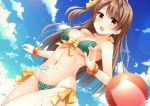  1girl ball beachball bikini blush bow breasts brown_eyes brown_hair clouds green_bikini halterneck lens_flare long_hair love_live!_school_idol_project minami_kotori mmrailgun navel open_mouth outdoors side_ponytail sky solo sparkle swimsuit 