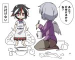  &gt;:3 2girls :3 chopsticks collared_shirt dress eating garbage horns jeno jitome kijin_seija kishin_sagume messy_room mother_and_daughter multicolored_hair multiple_girls pantyhose partially_undressed red_eyes shirt silver_hair single_wing streaked_hair thick_thighs thighs touhou translation_request wings 