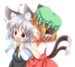  /\/\/\ 2girls ^_^ animal_ears blush brown_hair cat_ears cat_tail chen closed_eyes green_hat grey_hair hat jewelry long_sleeves mob_cap mouse_ears multiple_girls nazrin nekomata open_mouth pendant pila-pela short_hair short_sleeves simple_background single_earring sweat tail tongue tongue_out touhou wavy_mouth white_background 