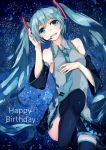  1girl absurdres aqua_eyes aqua_hair bare_shoulders black_legwear detached_sleeves happy_birthday hatsune_miku headset highres long_hair necktie open_mouth petals rinarisa shirt skirt smile solo space thigh-highs twintails very_long_hair vocaloid zettai_ryouiki 