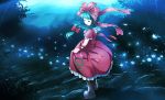  1girl arm_ribbon bow closed_eyes dress flower front_ponytail green_hair hair_bow highres kagiyama_hina puffy_short_sleeves puffy_sleeves red_dress ribbon risutaru short_sleeves smile solo touhou 