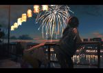  2girls arm_support bag blurry building city dark denim fireworks hakuto_173 handbag jeans lantern leaning_back leaning_forward letterboxed looking_up multiple_girls night original pants paper_lantern ponytail power_lines railing reflection sandals scenery scrunchie short_hair shorts sky tank_top telephone_pole water 