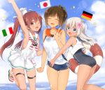  blonde_hair blue_eyes brown_eyes brown_hair flag flower german_flag hair_flower hair_ornament hat highres i-401_(kantai_collection) italian_flag japanese_flag kantai_collection libeccio_(kantai_collection) lifebuoy long_hair ro-500_(kantai_collection) sailor_dress sino_(sionori) swimsuit tan twintails v 