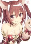  1girl :3 armor bare_shoulders blush breasts cerberus_(shingeki_no_bahamut) cleavage fang_out gauntlets hair_between_eyes looking_at_viewer peko redhead shingeki_no_bahamut simple_background sketch smile solo twintails upper_body white_background 