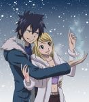  1boy 1girl black_hair blonde_hair breasts brown_eyes cleavage fairy_tail gray_fullbuster heart lucy_heartfilia open_mouth smile snow tattoo 