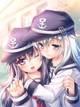  1492egg 2girls akatsuki_(kantai_collection) blue_eyes building hat hibiki_(kantai_collection) hug kantai_collection multiple_girls neckerchief one_eye_closed open_mouth purple_hair school_uniform serafuku silver_hair smile upper_body violet_eyes 