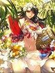  1girl bikini black_hair breasts cleavage flower flower_necklace furyou_michi_~gang_road~ hair_flower hair_ornament highres jewelry long_hair nail_polish necklace parted_lips red_nails smile solo swimsuit towel wet white_bikini white_swimsuit xaxak yellow_eyes 