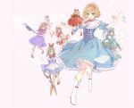  1girl alice_margatroid blonde_hair blue_dress boots capelet dress dutch_doll glaive green_eyes hairband hat hourai_doll lance lolita_hairband looking_at_viewer polearm puffy_short_sleeves puffy_sleeves scissors shanghai_doll short_hair short_sleeves simple_background solo touhou tsukimiya_kamiko weapon white_background wings 