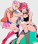  boots bra choker chromatic_aberration earrings green_eyes holding_hands jewelry jojo_no_kimyou_na_bouken patterned pink_hair skirt spice_girl_(stand) stand_(jojo) trish_una twitter_username underwear yyy246 