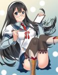  1girl black_hair blush glasses go-it hairband kantai_collection long_hair looking_at_viewer ooyodo_(kantai_collection) pencil school_uniform short_hair skirt smile solo 