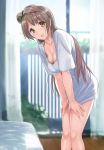  1girl bottomless breasts brown_eyes brown_hair cleavage kichiroku long_hair looking_at_viewer love_live!_school_idol_project minami_kotori naked_shirt open_mouth shirt side_ponytail smile solo 