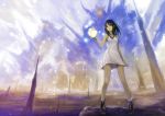  1girl :o absurdres bare_shoulders black_hair boots dress golem highres landscape lights long_hair magic okuto original solo white_dress yellow_eyes 