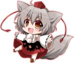  1girl animal_ears blush chibi detached_sleeves fang geta hat inubashiri_momiji looking_at_viewer noai_nioshi open_mouth pom_pom_(clothes) red_eyes ribbon-trimmed_sleeves ribbon_trim short_hair silver_hair simple_background skirt solo tail tokin_hat touhou white_background wolf_ears wolf_tail 