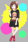  1girl ;p animal_ears bare_legs black_nails brown_hair cat_ears cat_tail check_(check_book) commentary_request green_eyes gremlins high_tops idolmaster idolmaster_cinderella_girls maekawa_miku nail_polish one_eye_closed paint_splatter red_shoes shoes solo t-shirt tail tongue tongue_out wristband 