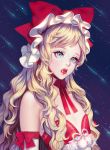  &#039;o&#039;ne androgynous blonde_hair blue_eyes bow cherry copyright_request eyelashes flat_chest food fruit fur long_hair mouth_hold red_lips shooting_star sky solo star_(sky) 