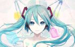  1girl aqua_eyes aqua_hair floating_hair hatsune_miku headphones highres ixima long_hair pale_skin solo twintails upper_body vocaloid 