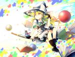  1girl apron bamboo_broom black_gloves blonde_hair book bow broom broom_riding candy dena.ei fingerless_gloves flying gloves hat hat_bow kirisame_marisa konpeitou open_book puffy_short_sleeves puffy_sleeves shirt short_sleeves sidesaddle skirt skirt_set solo star touhou vest waist_apron witch_hat 