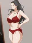  1girl bare_shoulders black_hair bra breasts cleavage earrings executive_mishiro green_eyes idolmaster idolmaster_cinderella_girls jewelry large_breasts long_hair navel necklace red_bra solo thick_thighs thighs translation_request tsubooi underwear 