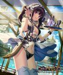  1girl black_hair breasts highres knife looking_at_viewer matsui_hiroaki navel official_art shingeki_no_bahamut smile solo thigh-highs tray twintails violet_eyes waitress 