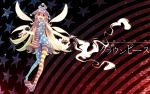  1girl american_flag_legwear american_flag_shirt blonde_hair clownpiece fairy_wings hat highres jester_cap long_hair open_mouth pantyhose red_eyes smile solo torch touhou very_long_hair wings yoshinaga_p 