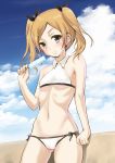  1girl arm_support bare_shoulders bikini blonde_hair blush breasts clouds grey_eyes hair_ornament hair_ribbon highres looking_at_viewer midriff mole mole_under_eye navel popsicle ribbon shirobako short_hair short_twintails side-tie_bikini sky smile solo swimsuit twintails under_boob yano_erika 