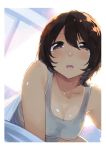  1girl :d akagi_asahito breasts brown_eyes brown_hair cleavage collarbone highres looking_at_viewer lying on_stomach open_mouth original short_hair smile solo tank_top 
