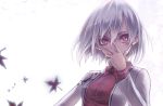  1girl bow covering_mouth futami_kito grey_hair hand_over_own_mouth kishin_sagume long_sleeves looking_at_viewer red_eyes shirt solo touhou vest 