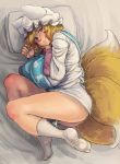  1girl ass blonde_hair breasts chanta_(ayatakaoisii) chin_rest expressionless fingernails fox_tail from_above hat huge_breasts legs looking_at_viewer lying multiple_tails nose on_side pillow short_hair socks solo tail thighs touhou yakumo_ran yellow_eyes 