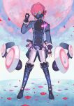  1boy belt boots cross-laced_footwear double-breasted fingerless_gloves fire fukase full_body fur_trim gas_mask gloves miwasiba moon nail_polish neon_trim one_eye_covered pink_fire pink_hair short_hair solo standing thigh-highs thigh_boots vocaloid 