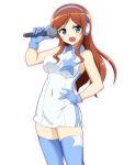  1girl brown_hair dress gloves green_eyes gundam gundam_build_fighters gundam_build_fighters_try hand_on_hip headphones kamiki_mirai long_hair microphone ouhashi thigh-highs 