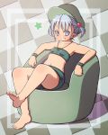  1girl bare_legs barefoot blue_eyes blue_hair chair checkered checkered_background hair_bobbles hair_ornament hat highres jewelry kawashiro_nitori key mimiru_(mimill) necklace pointy_ears shorts sitting smile solo strapless teeth touhou tubetop wristband 