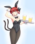  1girl animal_ears beer_mug black_legwear bow braid breasts bunny_girl bunnysuit cat_ears cat_tail cleavage detached_collar extra_ears fake_animal_ears gomi_(gomitin) hair_bow kaenbyou_rin leotard multiple_tails open_mouth pantyhose rabbit_ears red_eyes redhead solo tail touhou tray twin_braids wrist_cuffs 