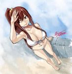  1girl armpits bare_shoulders bikini breasts brown_eyes cleavage collarbone earrings erza_scarlet fairy_tail front-tie_top jewelry large_breasts lips long_hair mashima_hiro navel official_art ponytail redhead scrunchie shiny shiny_hair side-tie_bikini signature smile solo swimsuit translucent_hair white_bikini white_swimsuit 