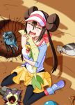  1girl blood brown_hair closed_eyes crying hasebe_akira highres mei_(pokemon) open_mouth pokemon pokemon_(creature) pokemon_(game) pokemon_bw2 riolu skirt twintails yamcha_pose yellow_skirt 