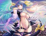  angel_wings asymmetrical_wings bare_shoulders blue_hair blush breasts choker dizzy flower guilty_gear hair_ribbon long_hair open_mouth red_eyes ribbon smile tail tail_ribbon thigh-highs under_boob very_long_hair wings 