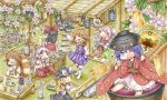  6+girls ;d absurdres animal_ears black_hair blonde_hair bottle bow brown_eyes brown_hair bun_cover chopsticks closed_eyes dress flower fujiwara_no_mokou futatsuiwa_mamizou glasses gourd hair_bow hakurei_reimu hat highres ibaraki_kasen japanese_clothes kirisame_marisa kneehighs lantern miracle_mallet multiple_girls one_eye_closed open_mouth paper_lantern pink_eyes pink_hair plaid plaid_dress purple_hair raccoon_ears raccoon_tail red_eyes shanghai_doll sitting smile sukuna_shinmyoumaru suspenders tabard table tail touhou tree usami_sumireko violet_eyes white_hair white_legwear witch_hat yellow_eyes ys_(ytoskyoku-57) 