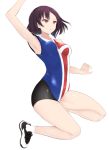  1girl arm_up armpits bad_feet breasts brown_eyes brown_hair hanebado! jumping looking_up seseri7th shiwahime_yuika short_hair solo sportswear white_background 