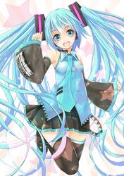  1girl aqua_eyes aqua_hair boots detached_sleeves hatsune_miku headset highres long_hair maru-pen necktie open_mouth skirt solo thigh-highs thigh_boots twintails very_long_hair vocaloid 