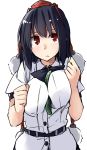  1girl between_breasts black_hair breast_squeeze breasts cucumber hat hat_ribbon kamukamu_(ars) pom_pom_(clothes) red_eyes ribbon shameimaru_aya solo tokin_hat touhou 