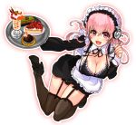  1girl alternate_costume breasts cleavage enmaided food frills headphones high_heels large_breasts long_hair looking_at_viewer maid maid_headdress nitroplus open_mouth parfait pink_hair rai_su red_eyes smile solo super_sonico thigh-highs tray 
