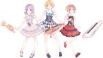  3girls alternate_costume bass_clef blonde_hair bow_(instrument) brown_eyes checkered checkered_skirt contemporary crescent dress folded_leg highres instrument keyboard_(instrument) lavender_hair layered_dress light_brown_hair loafers looking_at_viewer lunasa_prismriver lyrica_prismriver merlin_prismriver multiple_girls musical_note_print open_mouth parted_lips ribbon shoes short_hair simple_background skirt staff_(music) star sun_(symbol) touhou treble_clef trumpet tsukimiya_kamiko violet_eyes violin white_background yellow_eyes 