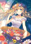  1girl blonde_hair blue_eyes blush flower flower_basket flower_wreath hair_ribbon holding leaf long_hair looking_at_viewer open_mouth original reia ribbon skirt sleeveless solo thighs wristband 