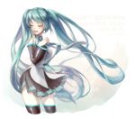  1girl 2015 aqua_hair character_name closed_eyes dated detached_sleeves happy_birthday hatsune_miku long_hair more_(vitalia) necktie skirt solo thigh-highs twintails twitter_username very_long_hair vocaloid 