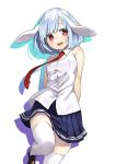  alternate_costume animal_ears arms_behind_back bare_shoulders blush kyon_(fuuran) loafers looking_at_viewer necktie open_mouth rabbit_ears red_eyes red_necktie reisen shoes short_hair silver_hair simple_background skirt sleeveless smile thigh-highs touhou white_background white_legwear zettai_ryouiki 