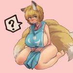  1girl ? animal_ears blonde_hair blush breasts chanta_(ayatakaoisii) feet fox_ears fox_tail huge_breasts looking_at_viewer multiple_tails naked_tabard no_hat pink_background short_hair sideboob simple_background sitting solo spoken_question_mark sweatdrop tabard tail thick_thighs thighs touhou wariza yakumo_ran yellow_eyes 