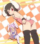  2girls animal_ears ass black_hair bunny_girl bunny_tail bunnysuit checkered checkered_background collar dressing english from_behind highres inaba_tewi lavender_hair long_hair mimiru_(mimill) multiple_girls rabbit_ears red_eyes reisen_udongein_inaba short_hair sock_pull tail teeth thigh-highs touhou wrist_cuffs 