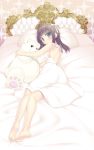  1girl absurdres back barefoot bed brown_hair feet green_eyes hair_ribbon highres hug legs long_hair lying on_side pillow ribbon soles solo stuffed_animal stuffed_toy teddy_bear toes twintails 